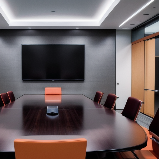 Professional boardroom with strategy documents and screens, no people